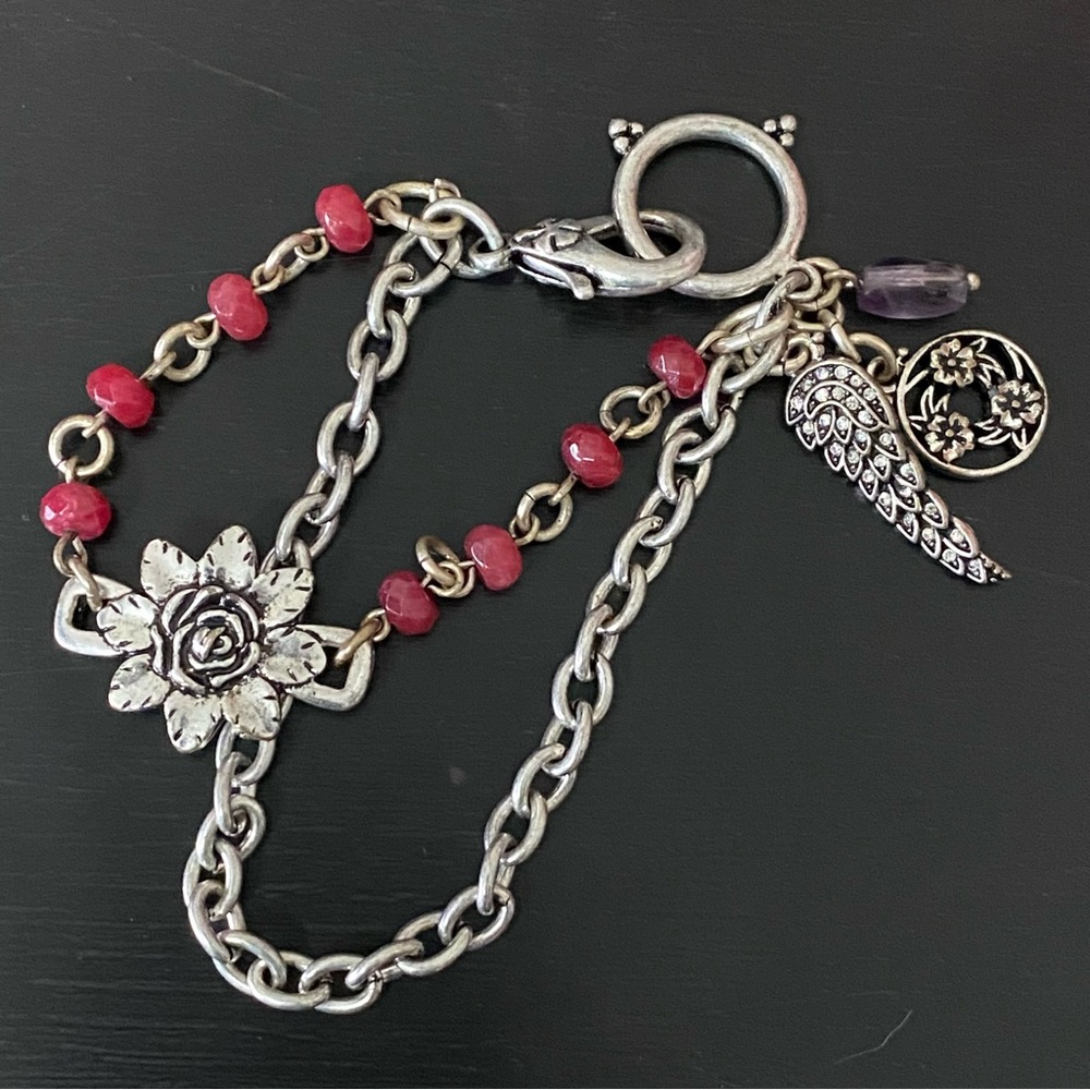 LUCKY BRAND Guidance Silver Charm Bracelet with Red & Purple Accents & Flower